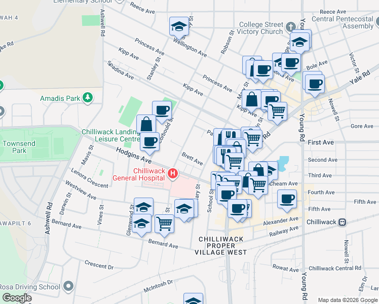 map of restaurants, bars, coffee shops, grocery stores, and more near 45615 Brett Avenue in Chilliwack