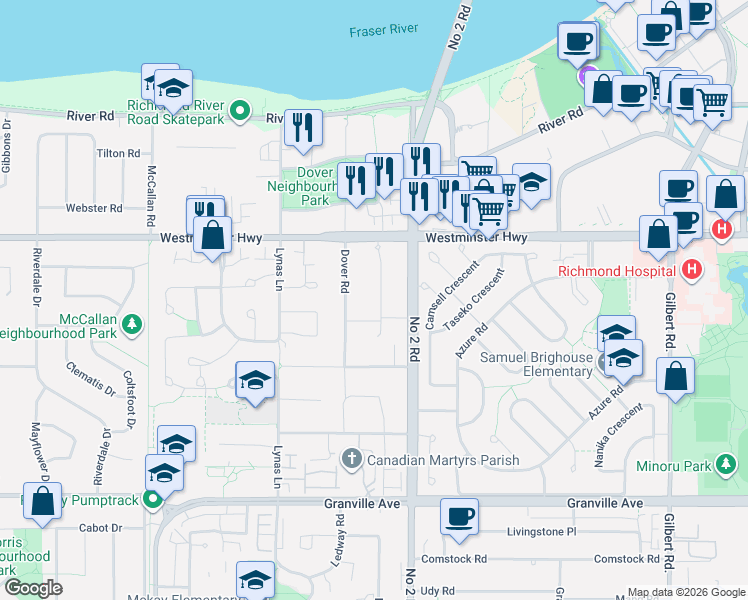 map of restaurants, bars, coffee shops, grocery stores, and more near 6391 Bouchard Court in Richmond
