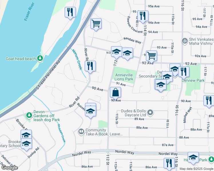 map of restaurants, bars, coffee shops, grocery stores, and more near 9083 112 Street in Delta