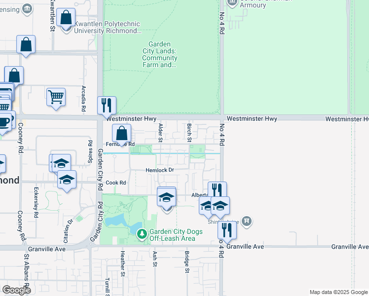 map of restaurants, bars, coffee shops, grocery stores, and more near 6233 Birch Street in Richmond