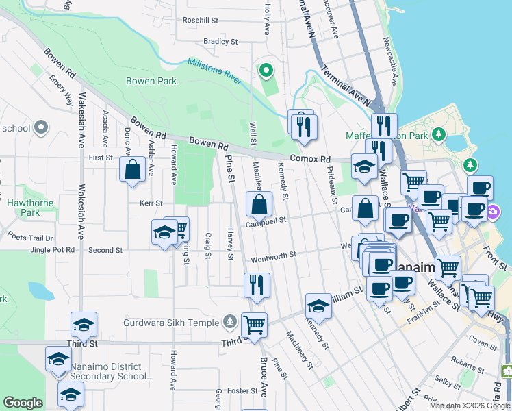 map of restaurants, bars, coffee shops, grocery stores, and more near 91 Machleary Street in Nanaimo