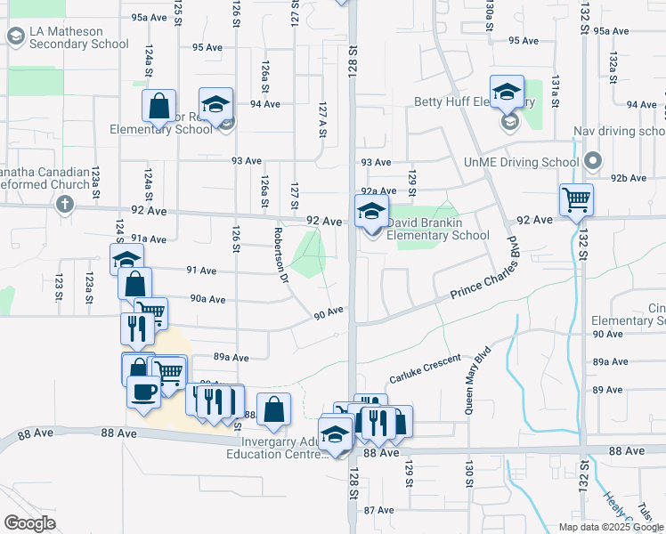 map of restaurants, bars, coffee shops, grocery stores, and more near 9125 Malcolm Place in Surrey