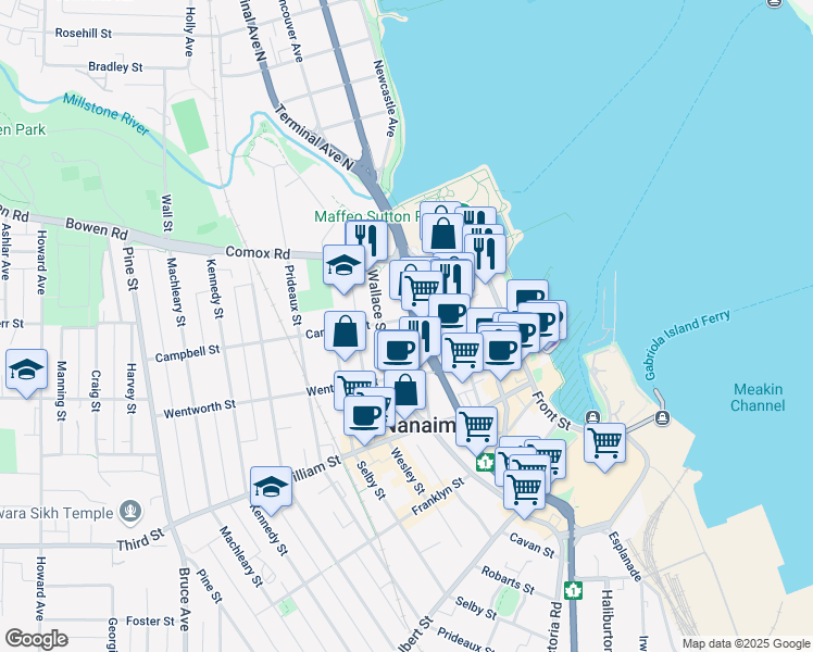 map of restaurants, bars, coffee shops, grocery stores, and more near 123 Fraser Street in Nanaimo