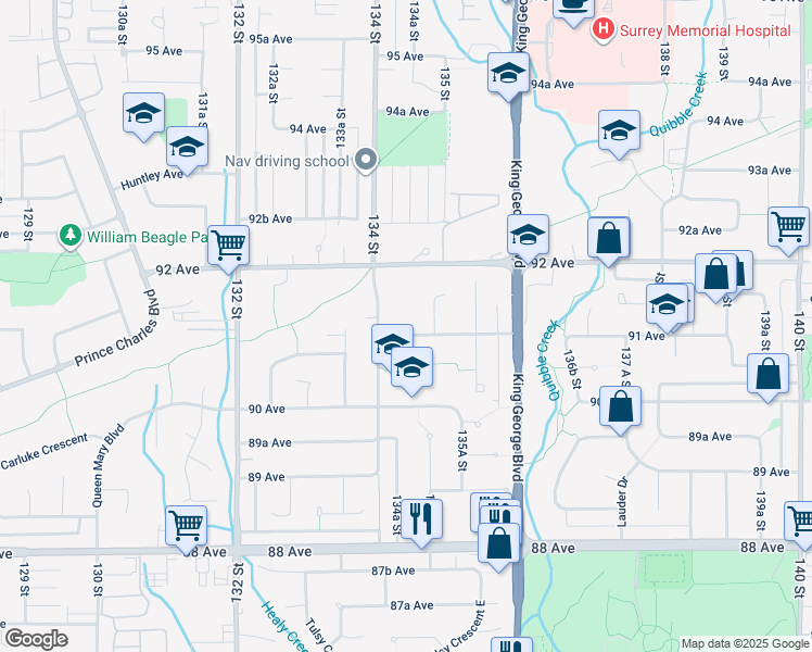 map of restaurants, bars, coffee shops, grocery stores, and more near 13443 91 Avenue in Surrey