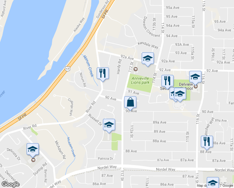 map of restaurants, bars, coffee shops, grocery stores, and more near 11164 Hardy Place in Delta