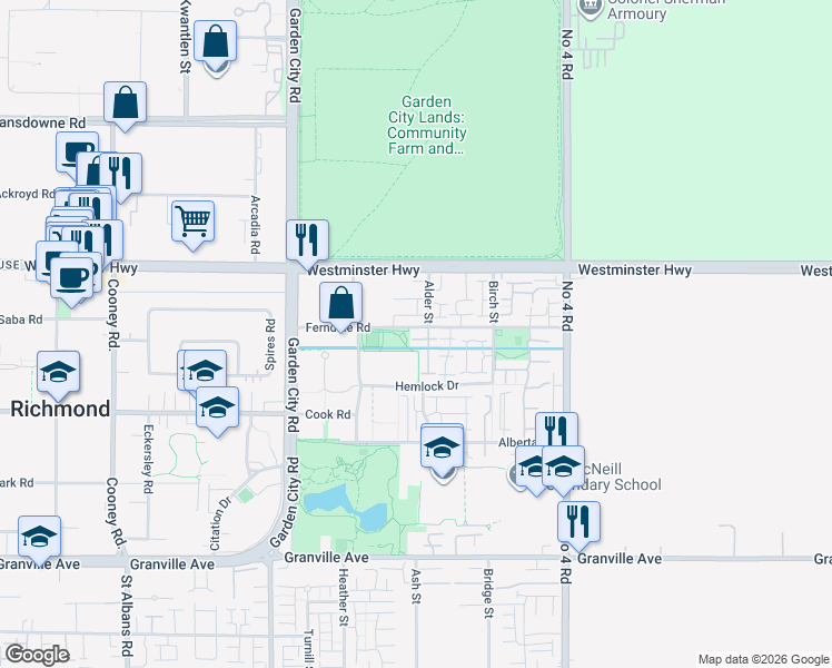 map of restaurants, bars, coffee shops, grocery stores, and more near 103 Ferndale Road in Richmond