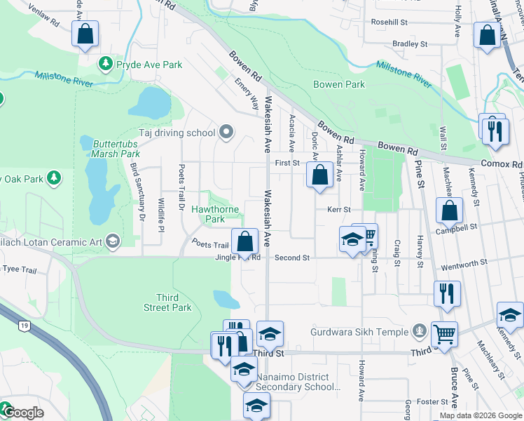 map of restaurants, bars, coffee shops, grocery stores, and more near 157 Wakesiah Avenue in Nanaimo