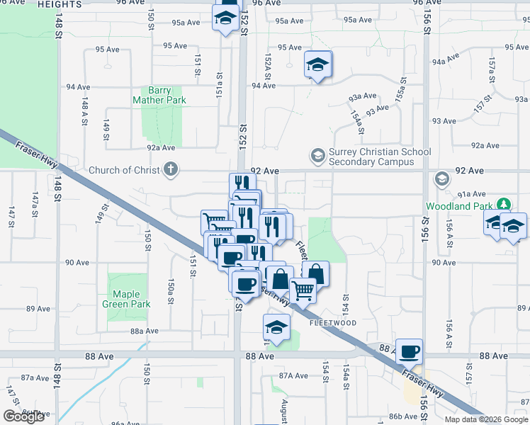 map of restaurants, bars, coffee shops, grocery stores, and more near 15243 91 Avenue in Surrey