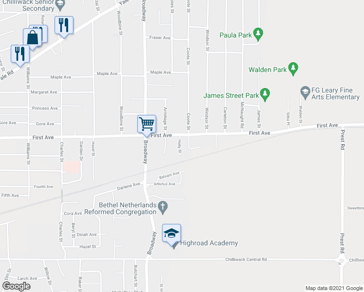 map of restaurants, bars, coffee shops, grocery stores, and more near 9160 Holly Street in Chilliwack