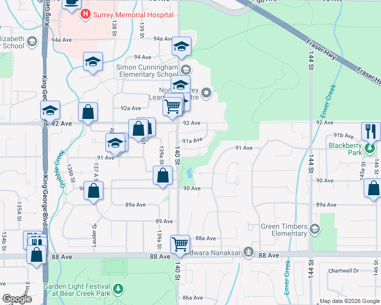 map of restaurants, bars, coffee shops, grocery stores, and more near 14039 91 Avenue in Surrey