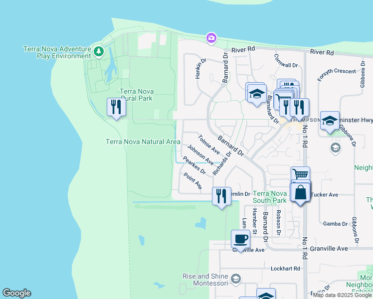 map of restaurants, bars, coffee shops, grocery stores, and more near 3220 Johnson Avenue in Richmond