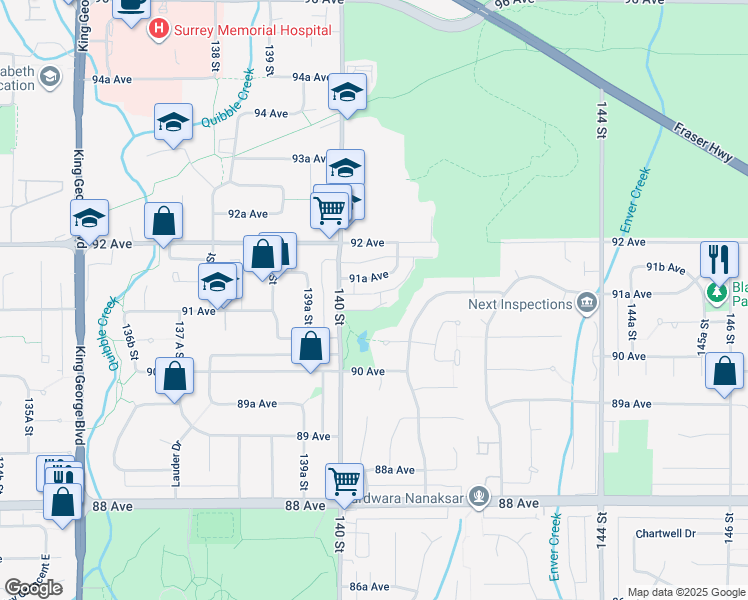 map of restaurants, bars, coffee shops, grocery stores, and more near 14059 91 Avenue in Surrey