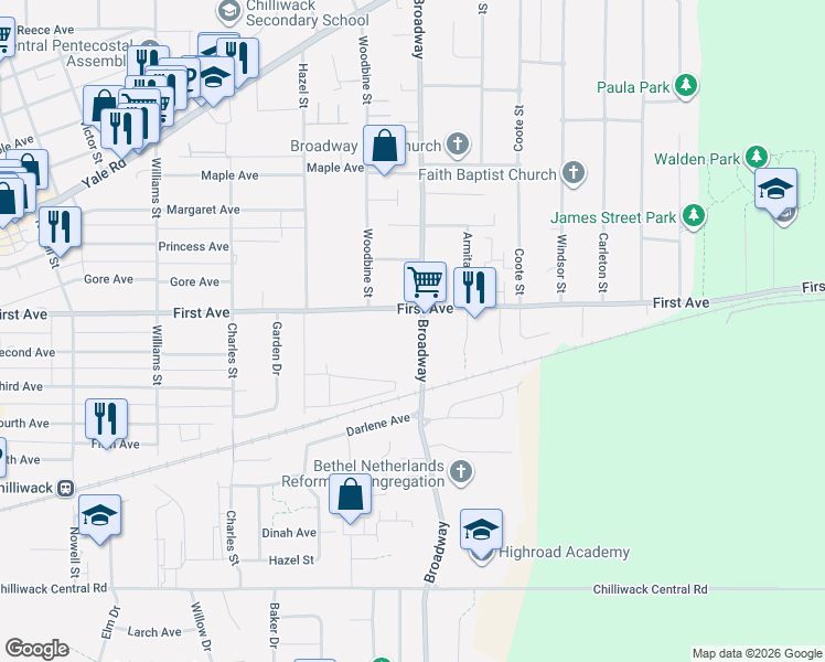 map of restaurants, bars, coffee shops, grocery stores, and more near 9165 Broadway in Chilliwack
