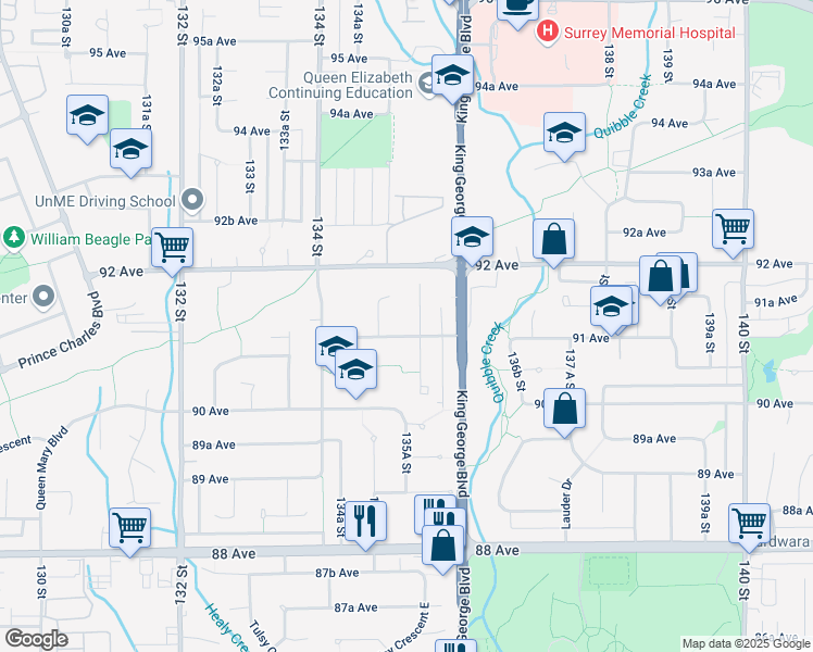 map of restaurants, bars, coffee shops, grocery stores, and more near 13525 91 Avenue in Surrey