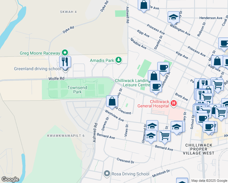 map of restaurants, bars, coffee shops, grocery stores, and more near 9170 Ashwell Road in Chilliwack