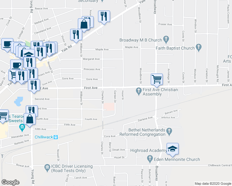map of restaurants, bars, coffee shops, grocery stores, and more near 9162 Garden Drive in Chilliwack