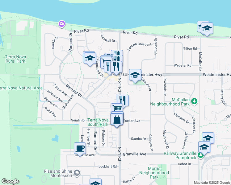 map of restaurants, bars, coffee shops, grocery stores, and more near 6179 Number 1 Road in Richmond