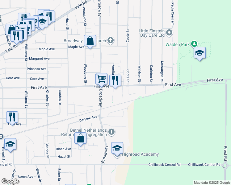 map of restaurants, bars, coffee shops, grocery stores, and more near 9166 Armitage Street in Chilliwack
