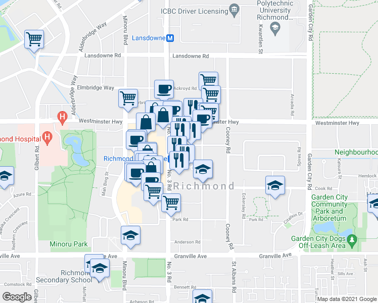 map of restaurants, bars, coffee shops, grocery stores, and more near 8100 Saba Road in Richmond