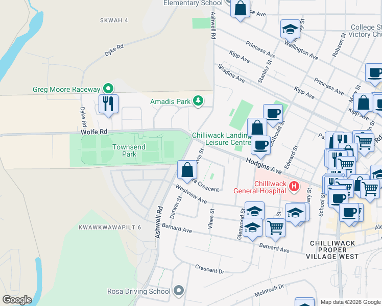 map of restaurants, bars, coffee shops, grocery stores, and more near 9171 Mavis Street in Chilliwack