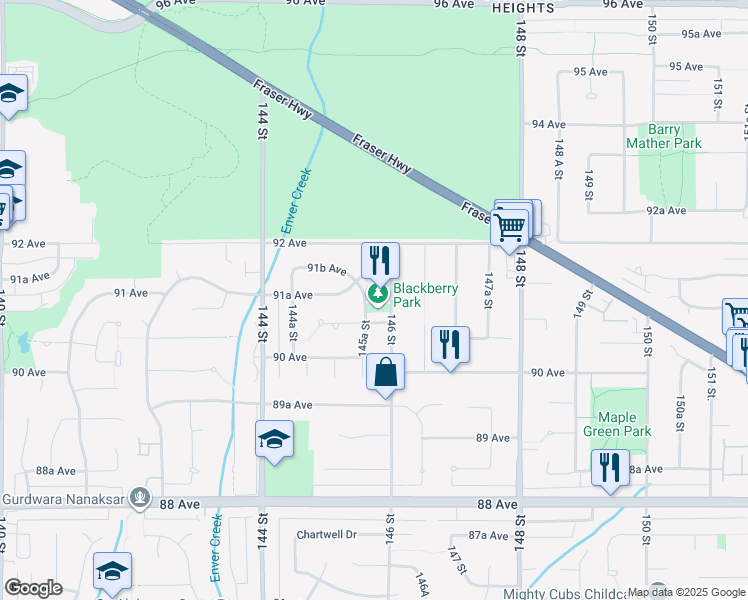 map of restaurants, bars, coffee shops, grocery stores, and more near 9120 145A Street in Surrey