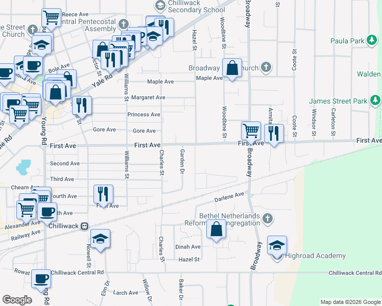 map of restaurants, bars, coffee shops, grocery stores, and more near 9161 Hazel Street in Chilliwack