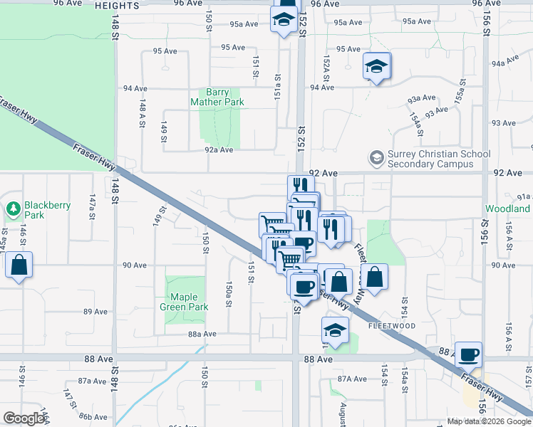 map of restaurants, bars, coffee shops, grocery stores, and more near 15125 91 Avenue in Surrey