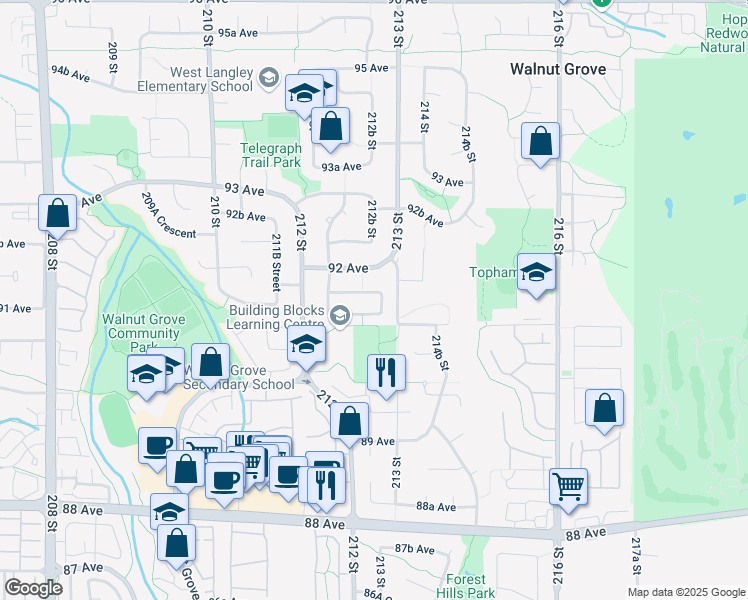 map of restaurants, bars, coffee shops, grocery stores, and more near 9131 212A Place in Langley Township