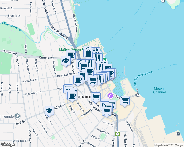 map of restaurants, bars, coffee shops, grocery stores, and more near 85 Skinner St in Nanaimo