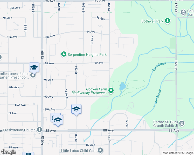 map of restaurants, bars, coffee shops, grocery stores, and more near 9110 163A Street in Surrey