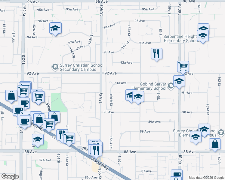 map of restaurants, bars, coffee shops, grocery stores, and more near 9110 156A Street in Surrey