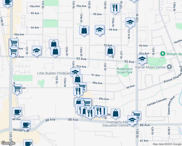 map of restaurants, bars, coffee shops, grocery stores, and more near 12513 91 Avenue in Surrey