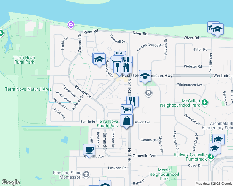 map of restaurants, bars, coffee shops, grocery stores, and more near 3880 Westminster Highway in Richmond