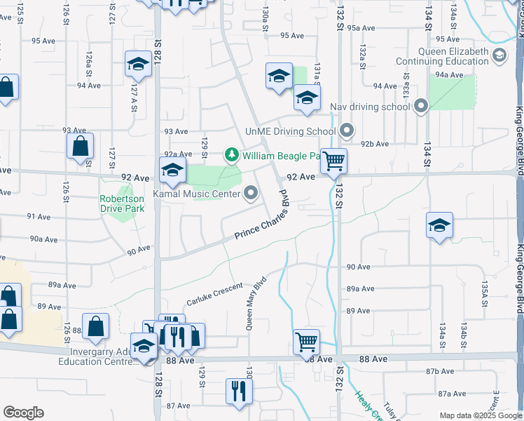 map of restaurants, bars, coffee shops, grocery stores, and more near 13000 Glengarry Crescent in Surrey