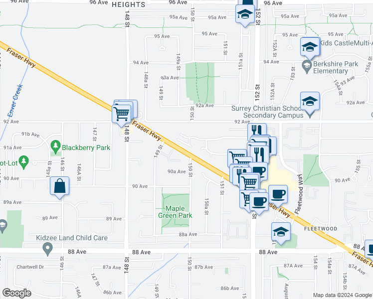 map of restaurants, bars, coffee shops, grocery stores, and more near 14985 Fraser Highway in Surrey