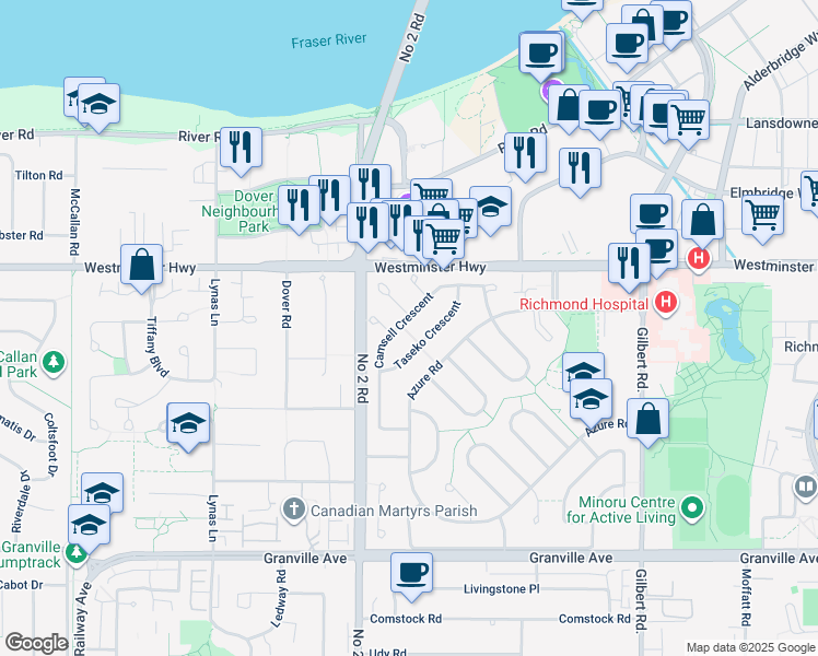 map of restaurants, bars, coffee shops, grocery stores, and more near 6480 Camsell Crescent in Richmond