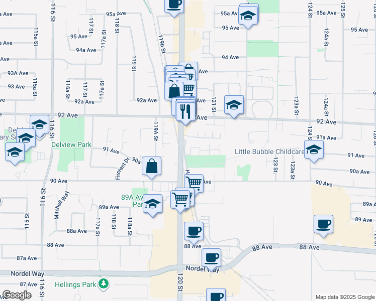 map of restaurants, bars, coffee shops, grocery stores, and more near 9088 Holt Road in Surrey
