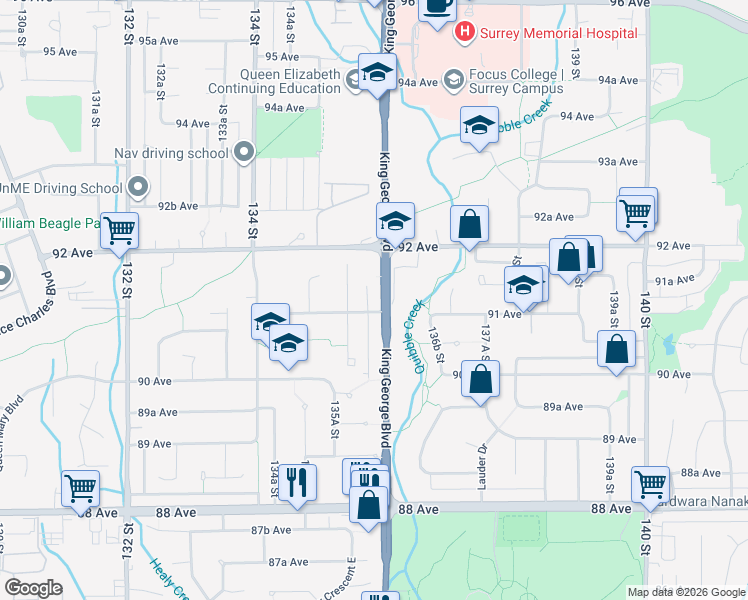 map of restaurants, bars, coffee shops, grocery stores, and more near 9119 King George Boulevard in Surrey