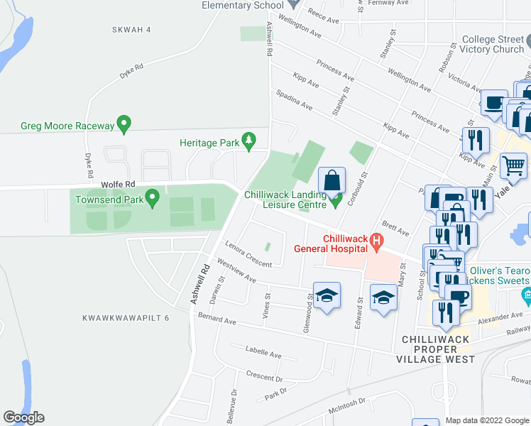 map of restaurants, bars, coffee shops, grocery stores, and more near 45344 Hodgins Avenue in Chilliwack
