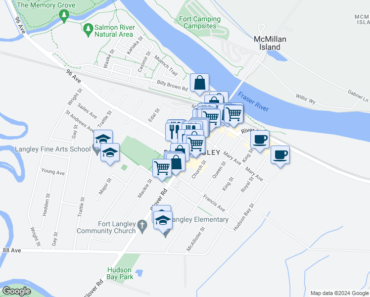 map of restaurants, bars, coffee shops, grocery stores, and more near 23123 96 Avenue in Langley