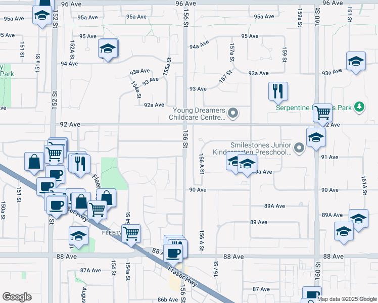 map of restaurants, bars, coffee shops, grocery stores, and more near 9112 156 Street in Surrey