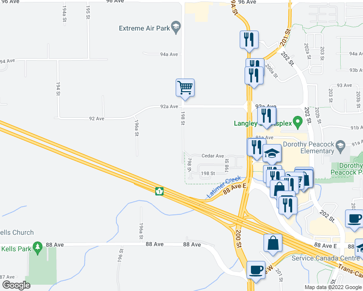 map of restaurants, bars, coffee shops, grocery stores, and more near 9087b 198 Street in Langley City
