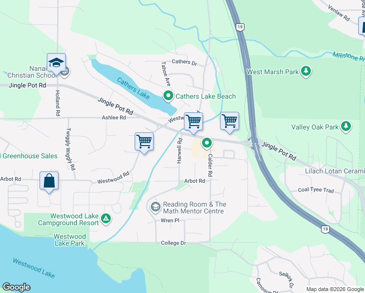 map of restaurants, bars, coffee shops, grocery stores, and more near 24 Harwell Place in Nanaimo