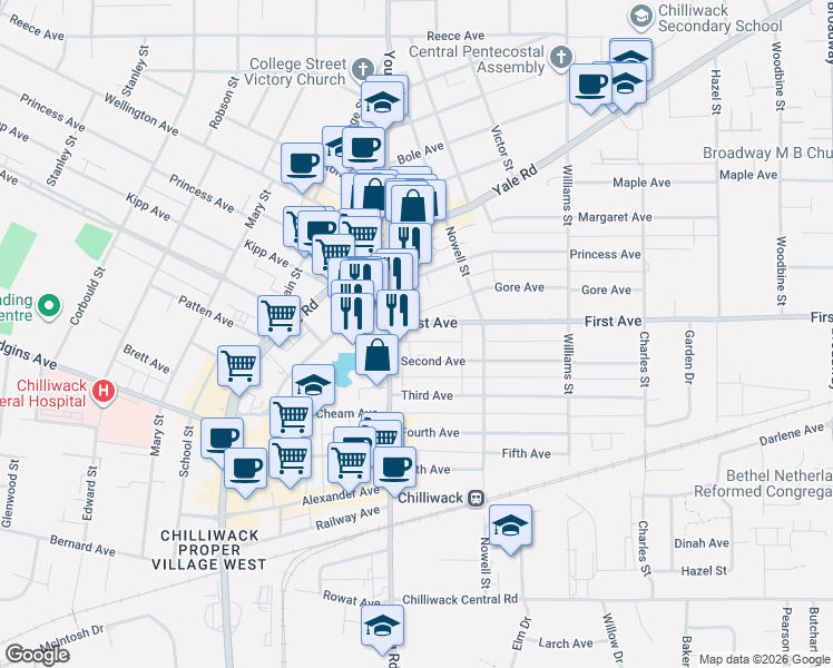 map of restaurants, bars, coffee shops, grocery stores, and more near 46000 First Avenue in Chilliwack