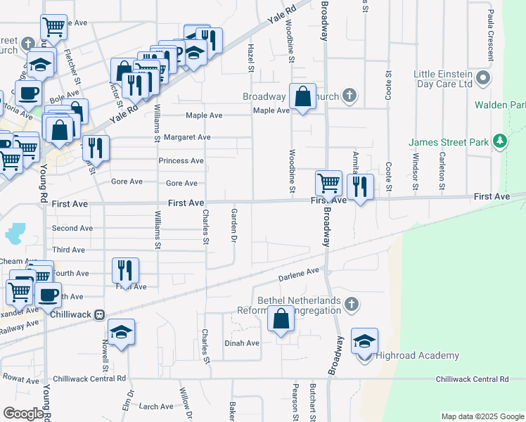 map of restaurants, bars, coffee shops, grocery stores, and more near 46420 First Avenue in Chilliwack