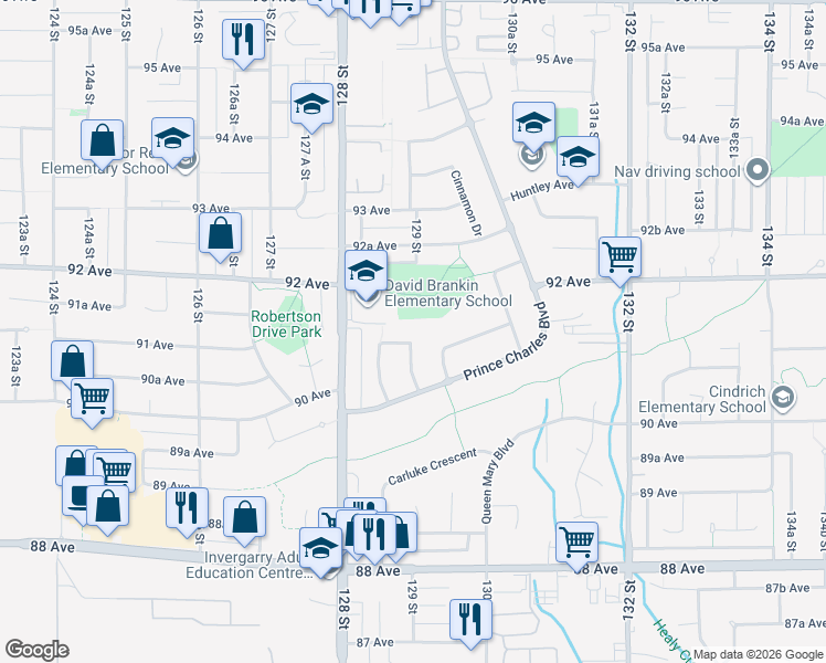 map of restaurants, bars, coffee shops, grocery stores, and more near 9073 Alexandria Crescent in Surrey