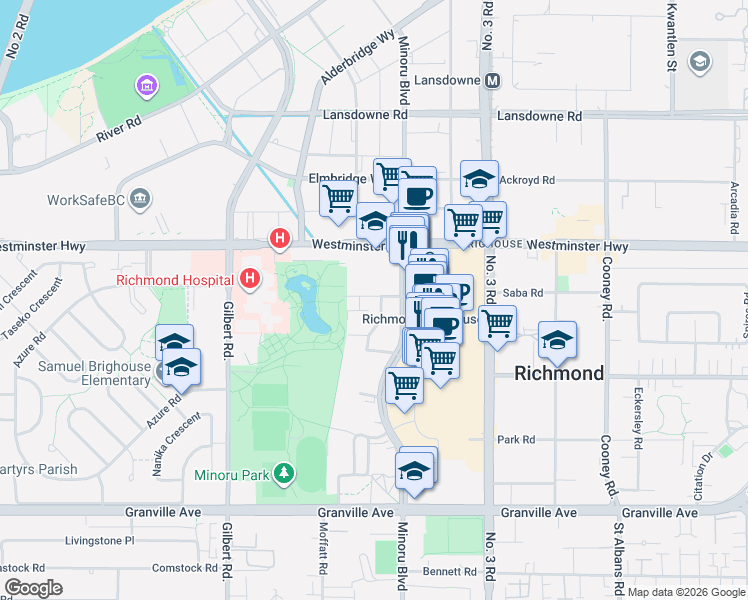 map of restaurants, bars, coffee shops, grocery stores, and more near 7338 Gollner Avenue in Richmond