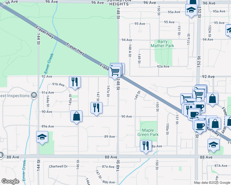 map of restaurants, bars, coffee shops, grocery stores, and more near 9121 148 Street in Surrey