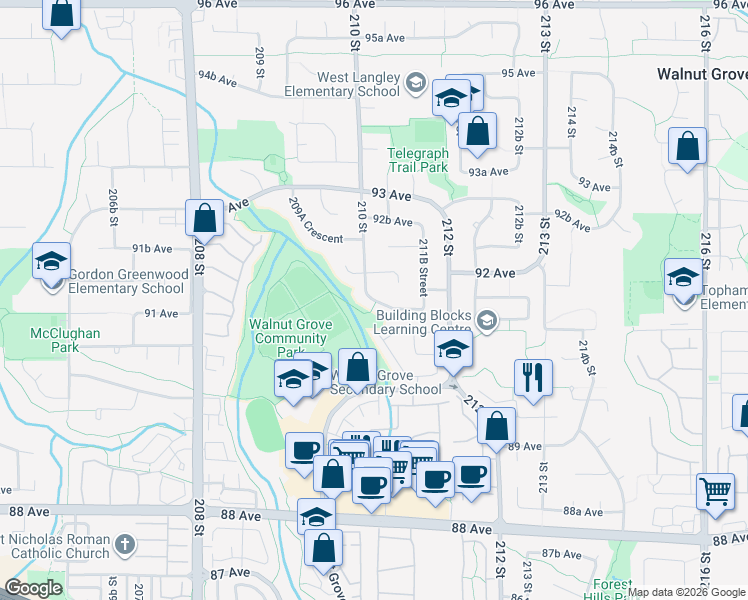 map of restaurants, bars, coffee shops, grocery stores, and more near 21096 91A Avenue in Langley