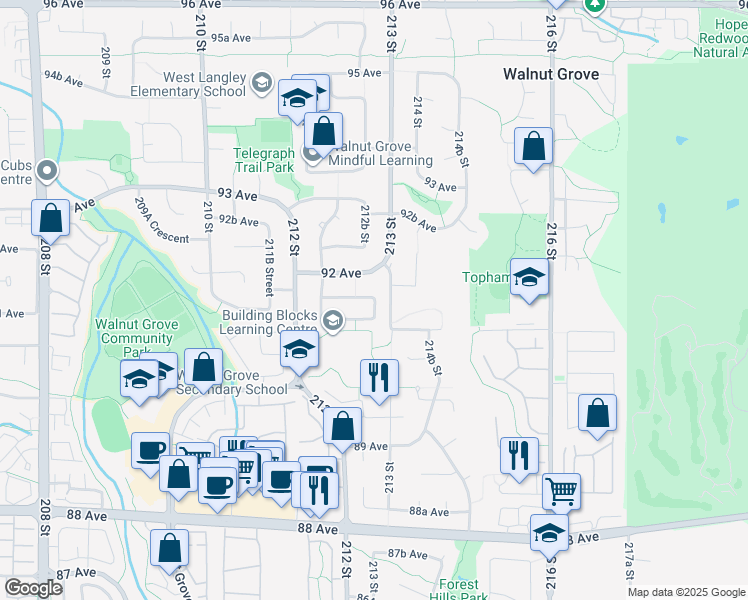 map of restaurants, bars, coffee shops, grocery stores, and more near 9131 212A Place in Langley